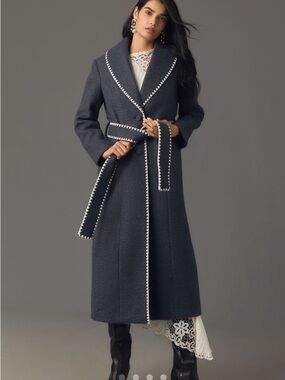 Anthropologie Navy Coat with White Scalloped Trim